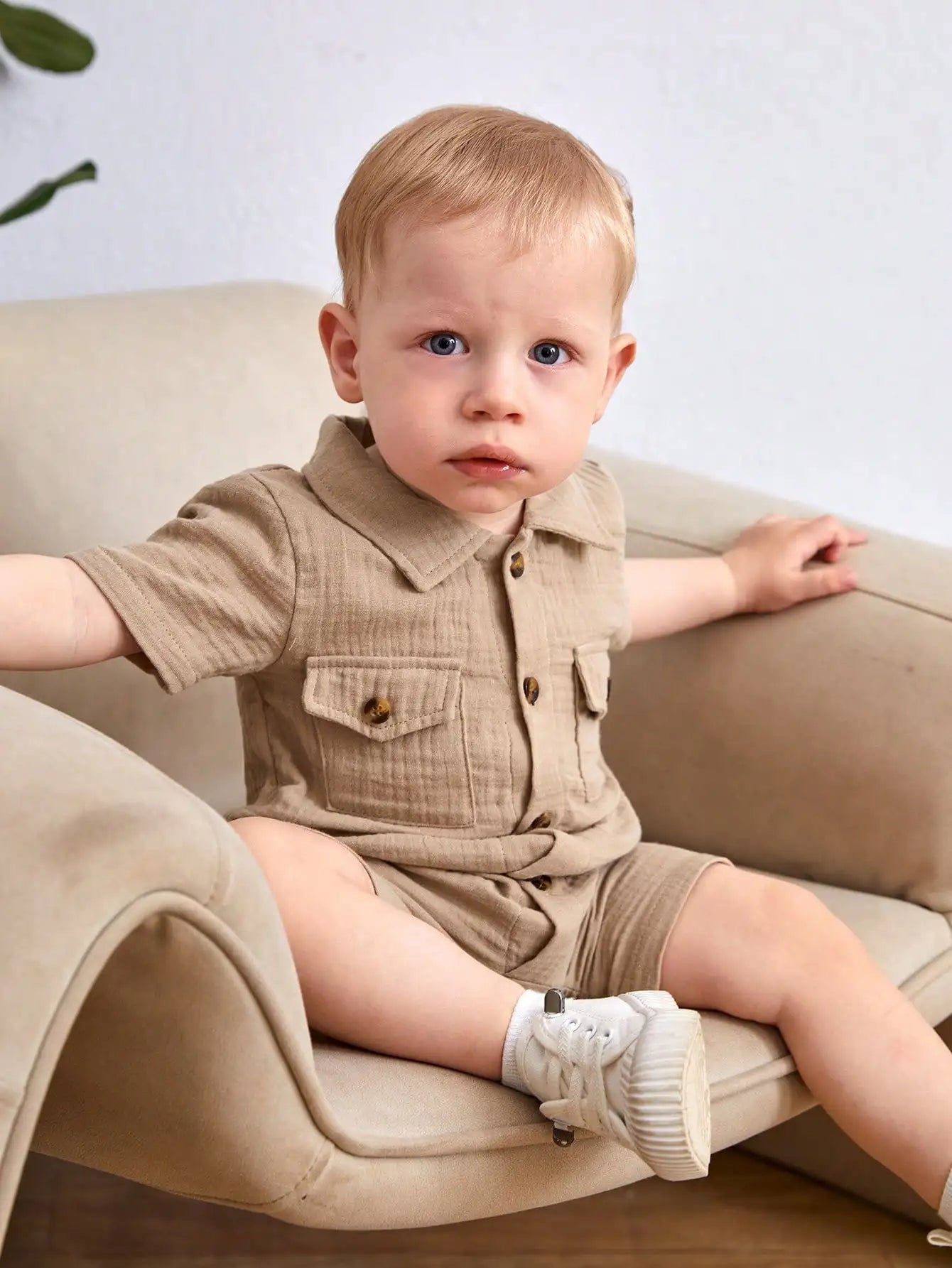 Baby Boy Khaki Short-Sleeve Jumpsuit