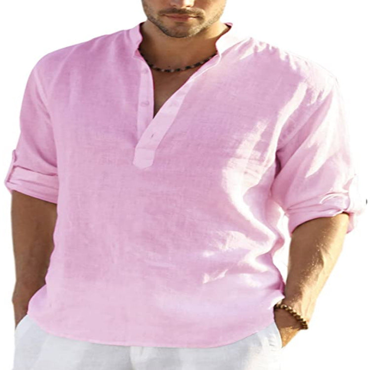 Men Linen Henley Shirt Slim Fit Stand Collar Long Sleeve Casual Cotton Shirt Breathable Summer Top