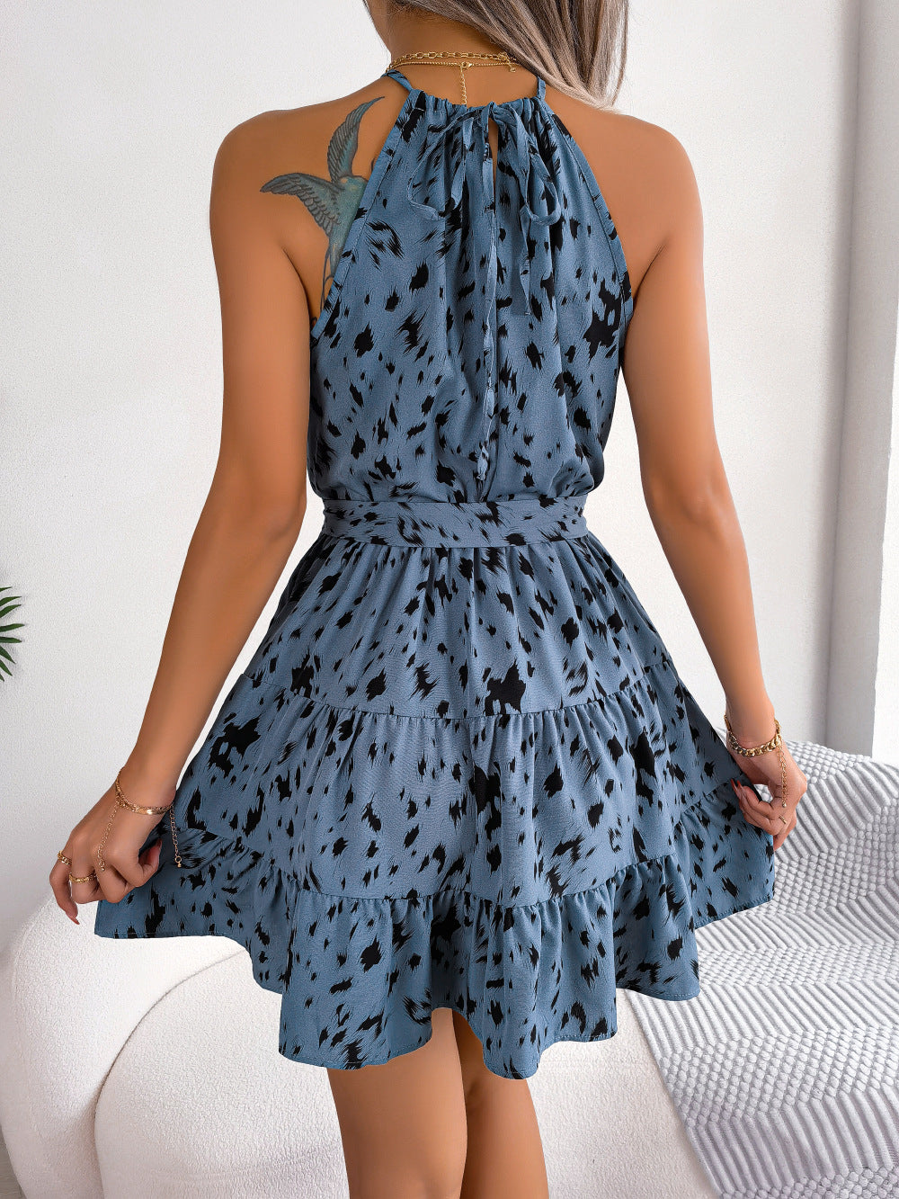 Leopard Print Chiffon Dress A Line Ruffle Sleeveless Halter Neck Mini Dress Summer Party Sexy Dress