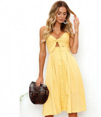 Women Bow Back A-Line Short Dress Sexy Buttoned Mid Waist Cotton Blend Summer Casual Party Mini Dress