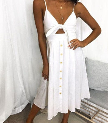Women Bow Back A-Line Short Dress Sexy Buttoned Mid Waist Cotton Blend Summer Casual Party Mini Dress