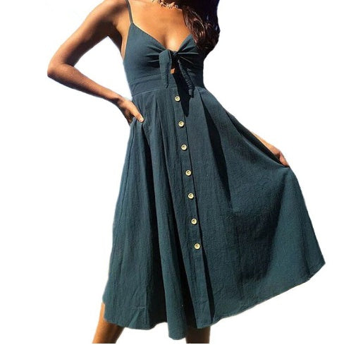 Women Bow Back A-Line Short Dress Sexy Buttoned Mid Waist Cotton Blend Summer Casual Party Mini Dress