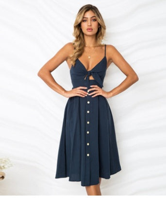 Women Bow Back A-Line Short Dress Sexy Buttoned Mid Waist Cotton Blend Summer Casual Party Mini Dress