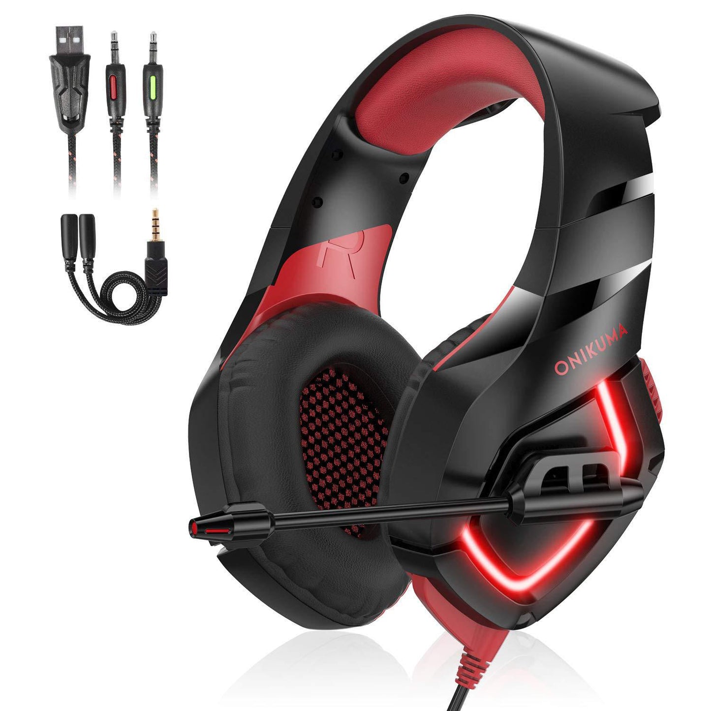 K1-B Gaming Headset 50mm Drivers Stereo Bass Headphones with Microphone RGB LED 3.5mm + USB Wired Headset for PC PS4 Xbox