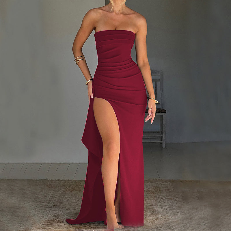 Women Backless Tube Top A-Line Maxi Dress Sexy Elegant Evening Party Dress High Waist Long Formal Gown
