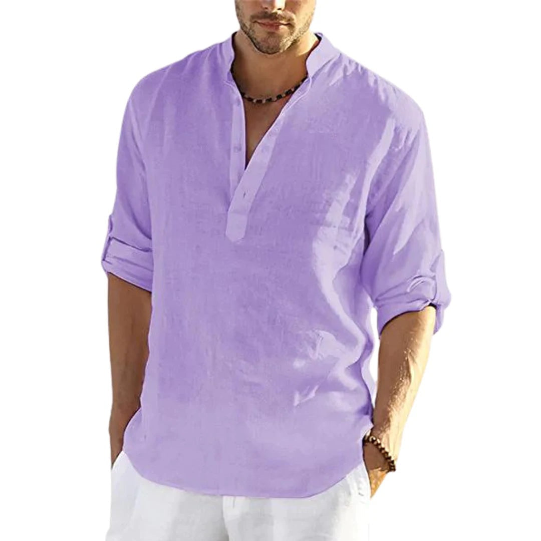 Men Linen Henley Shirt Slim Fit Stand Collar Long Sleeve Casual Cotton Shirt Breathable Summer Top