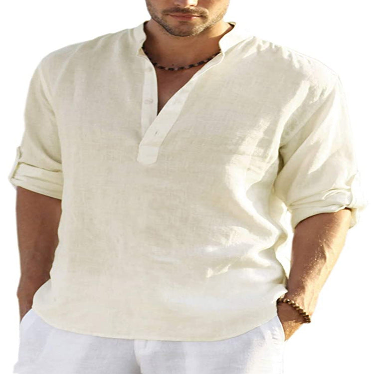 Men Linen Henley Shirt Slim Fit Stand Collar Long Sleeve Casual Cotton Shirt Breathable Summer Top