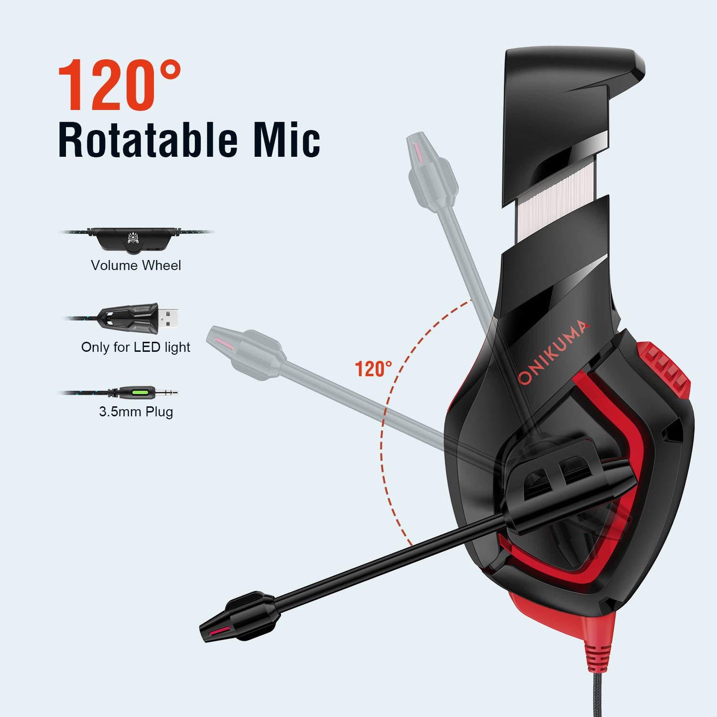 K1-B Gaming Headset 50mm Drivers Stereo Bass Headphones with Microphone RGB LED 3.5mm + USB Wired Headset for PC PS4 Xbox