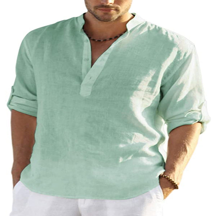 Men Linen Henley Shirt Slim Fit Stand Collar Long Sleeve Casual Cotton Shirt Breathable Summer Top