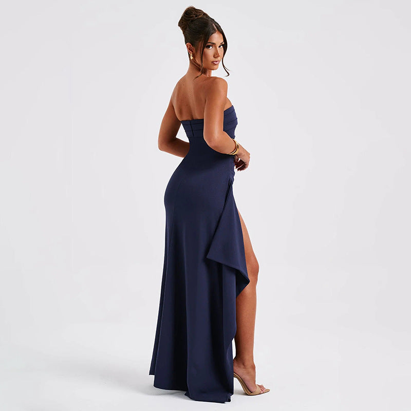 Women Backless Tube Top A-Line Maxi Dress Sexy Elegant Evening Party Dress High Waist Long Formal Gown