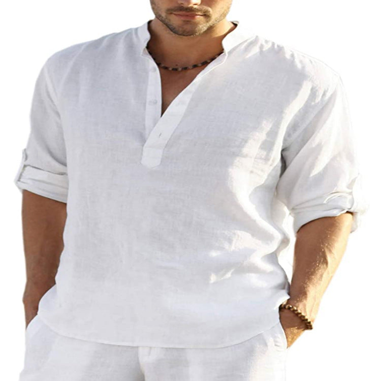 Men Linen Henley Shirt Slim Fit Stand Collar Long Sleeve Casual Cotton Shirt Breathable Summer Top