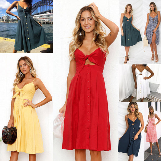 Women bow back A-line short dress buttoned cotton blend sexy mini party dress mid waist summer fashion