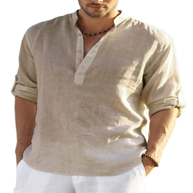 Men Linen Henley Shirt Slim Fit Stand Collar Long Sleeve Casual Cotton Shirt Breathable Summer Top