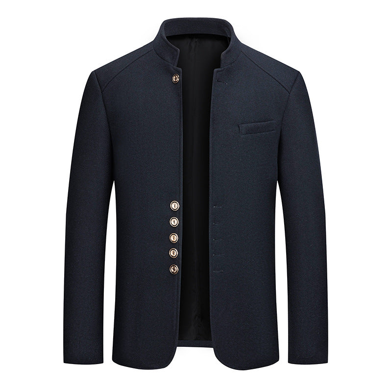 Mens Wool Tweed Zhongshan Suit With A Mandarin Collar For A Refined Tailored Look