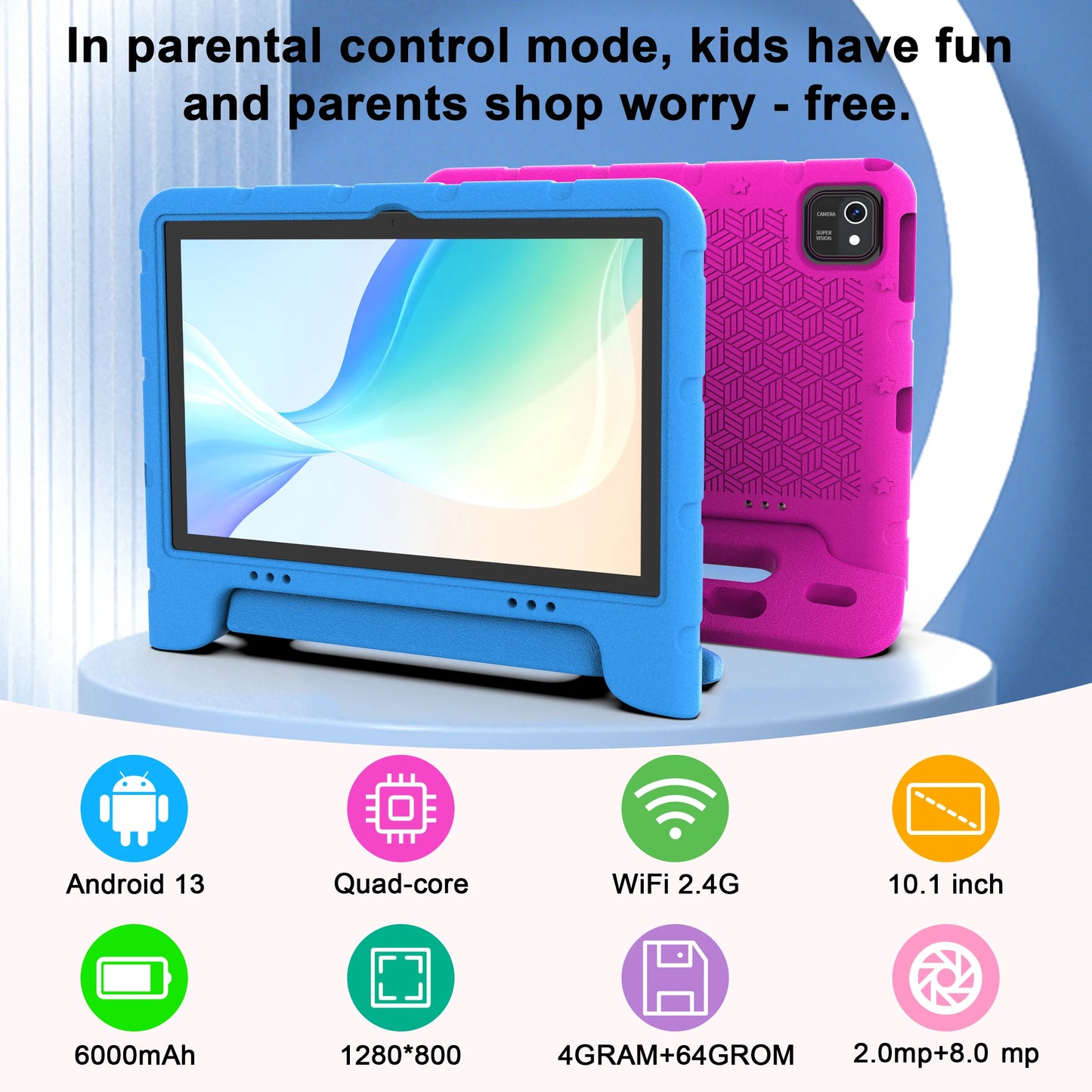 10 inch children's tablet, Android 13 tablet, with shock resistant protective case holder