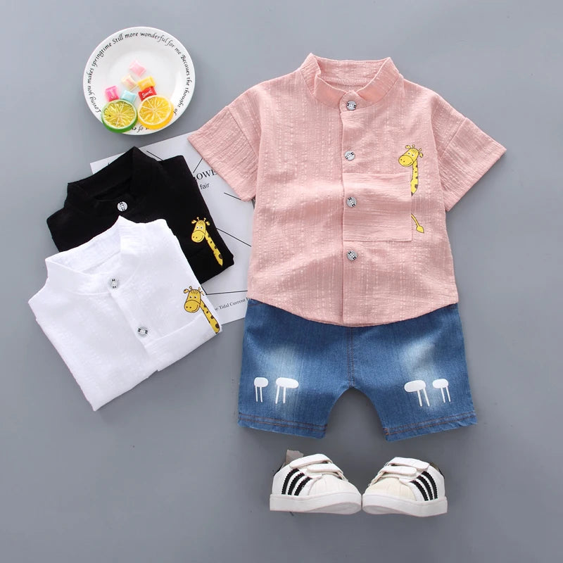 Baby Boys Cartoon Shirt & Denim Shorts Set