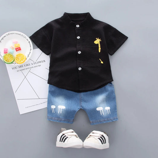 Baby Boys Cartoon Shirt & Denim Shorts Set
