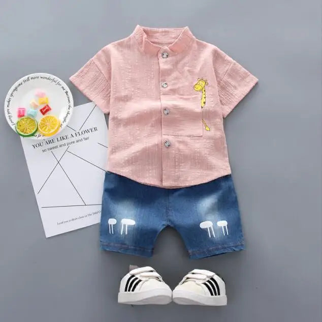 Baby Boys Cartoon Shirt & Denim Shorts Set