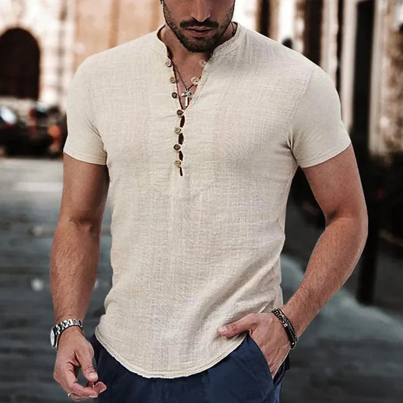 Men’s Cotton Linen Button T-Shirt