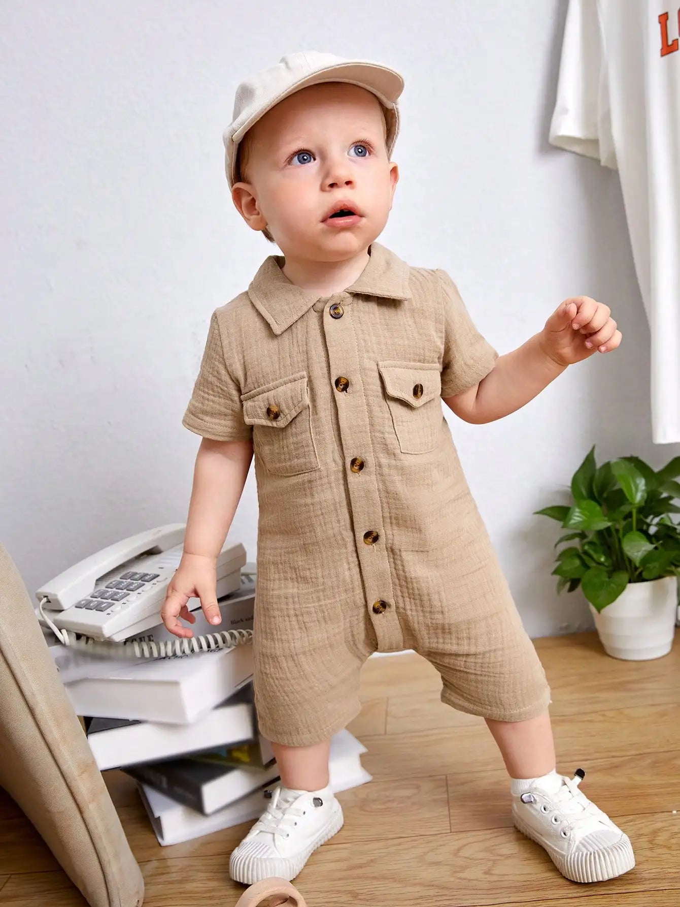 Baby Boy Khaki Short-Sleeve Jumpsuit