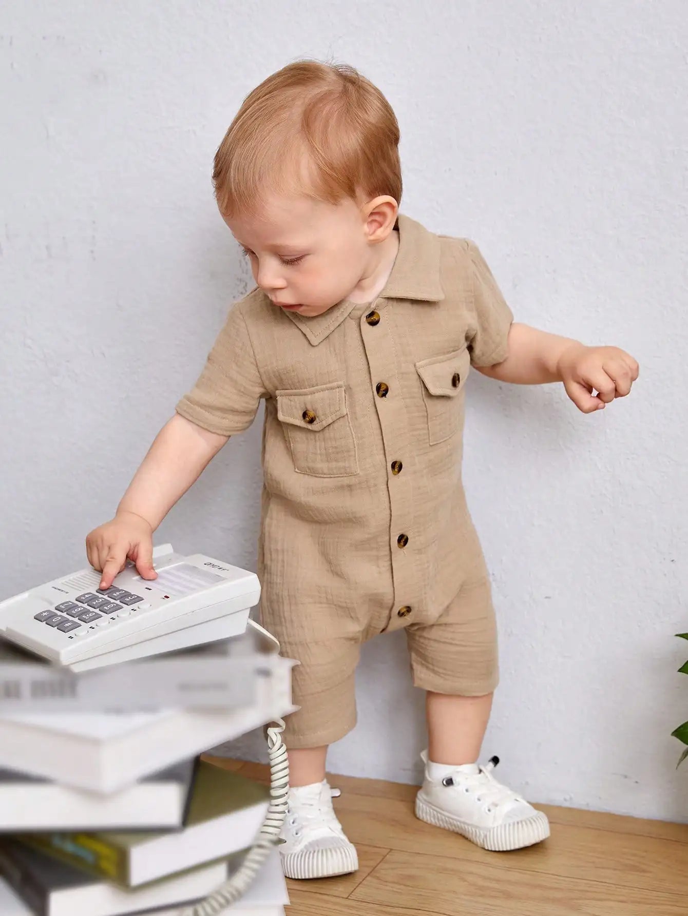 Baby Boy Khaki Short-Sleeve Jumpsuit