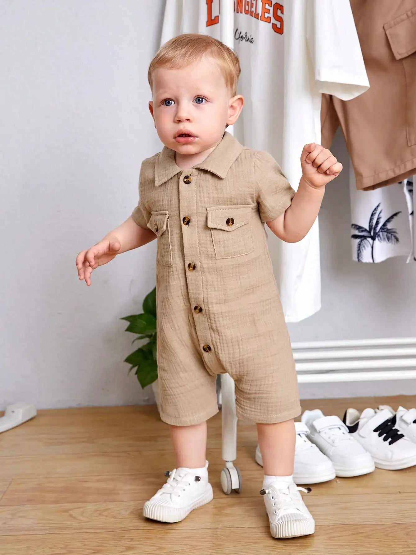 Baby Boy Khaki Short-Sleeve Jumpsuit