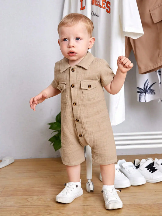 Baby Boy Khaki Short-Sleeve Jumpsuit