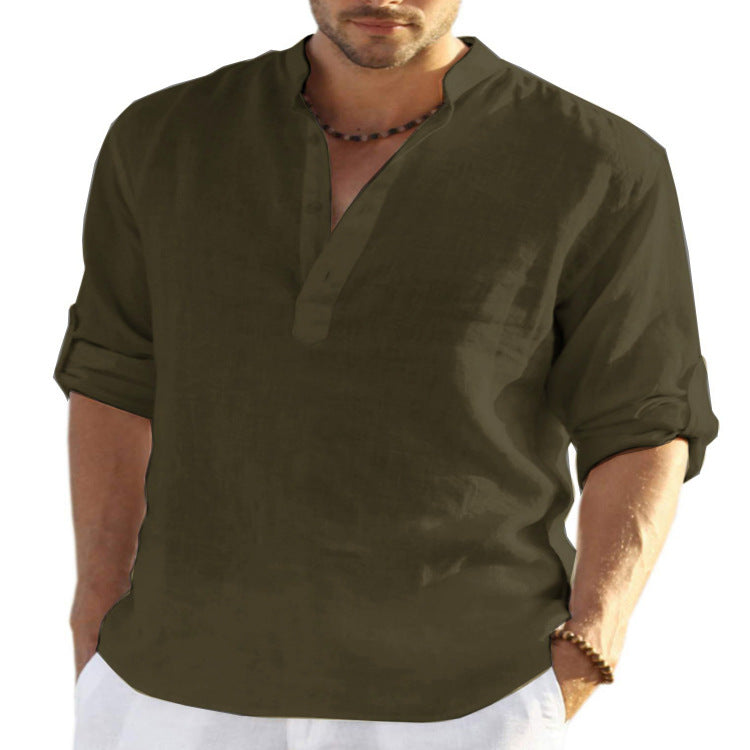 Men Linen Henley Shirt Slim Fit Stand Collar Long Sleeve Casual Cotton Shirt Breathable Summer Top