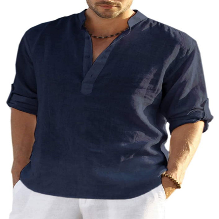 Men Linen Henley Shirt Slim Fit Stand Collar Long Sleeve Casual Cotton Shirt Breathable Summer Top
