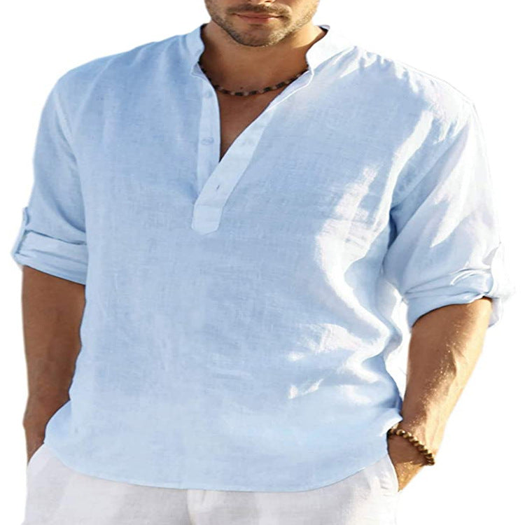 Men Linen Henley Shirt Slim Fit Stand Collar Long Sleeve Casual Cotton Shirt Breathable Summer Top