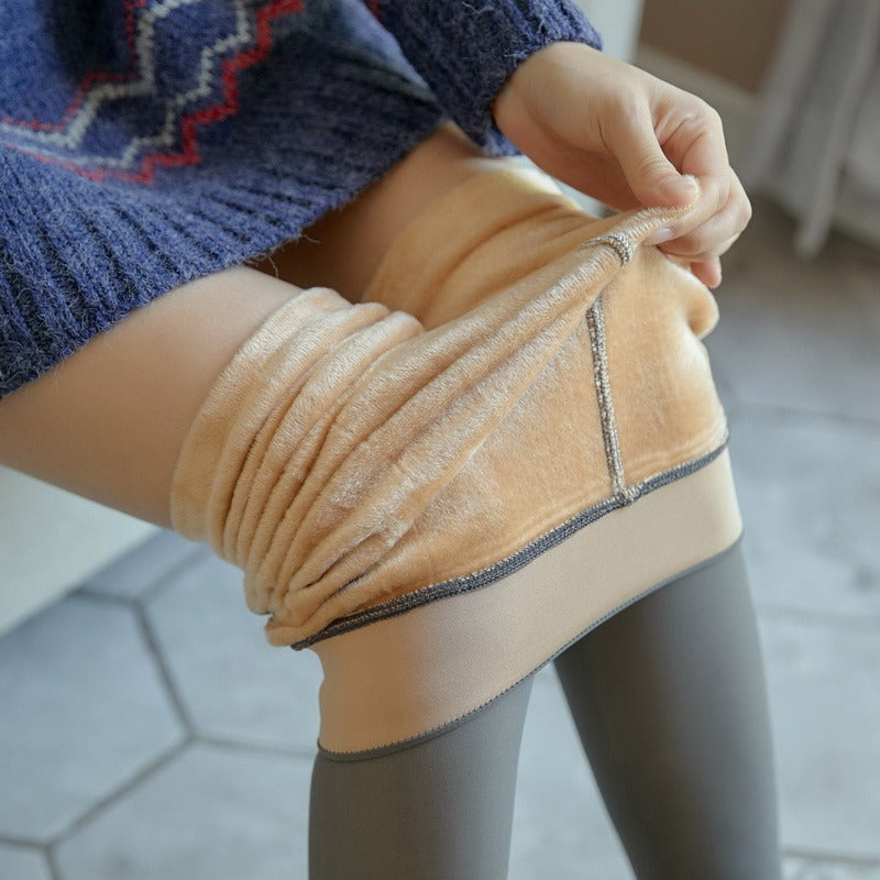 Winter Fleece Lined Fake Translucent Pantyhose High Waist Slim Warm Tights Sheer Look Thermal Leggings