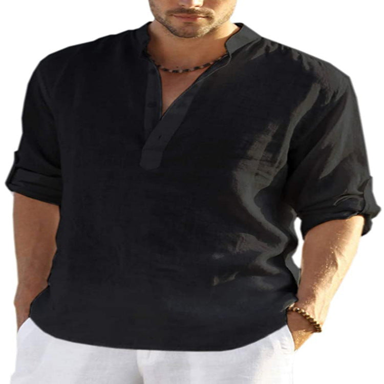 Men Linen Henley Shirt Slim Fit Stand Collar Long Sleeve Casual Cotton Shirt Breathable Summer Top