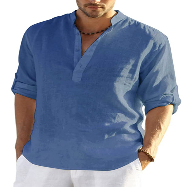 Men Linen Henley Shirt Slim Fit Stand Collar Long Sleeve Casual Cotton Shirt Breathable Summer Top