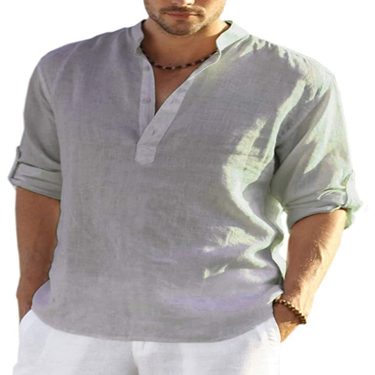 Men Linen Henley Shirt Slim Fit Stand Collar Long Sleeve Casual Cotton Shirt Breathable Summer Top