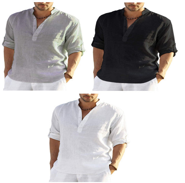 Men Linen Henley Shirt Slim Fit Stand Collar Long Sleeve Casual Cotton Shirt Breathable Summer Top
