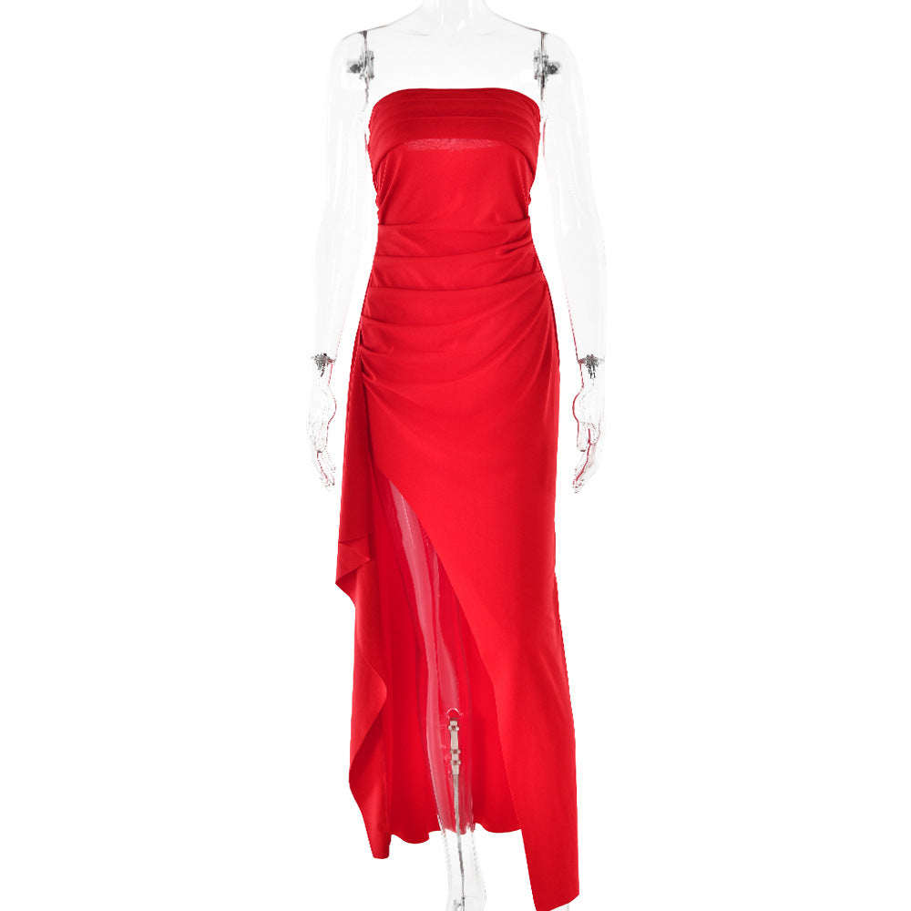 Women Backless Tube Top A-Line Maxi Dress Sexy Elegant Evening Party Dress High Waist Long Formal Gown